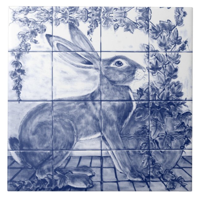 Navy Blue White Rabbit Hare Ivy Ceramic Tile Mural (Front)