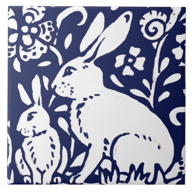 Navy Blue White Rabbit Hare Woodland Animal Trivet (Front)