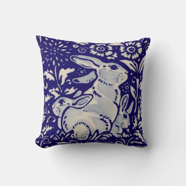 Navy Blue White Rabbit Mother & Babies Chinoiserie Cushion (Front)