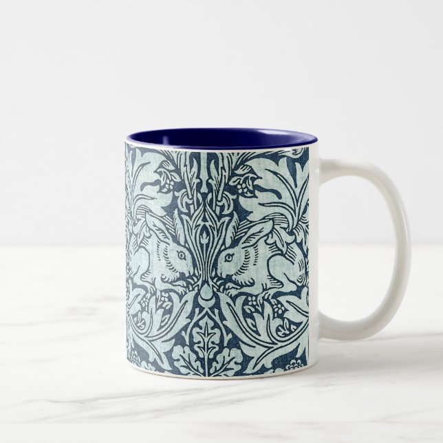 Navy Blue White Rabbit William Morris Two-Tone Coffee Mug (Right)