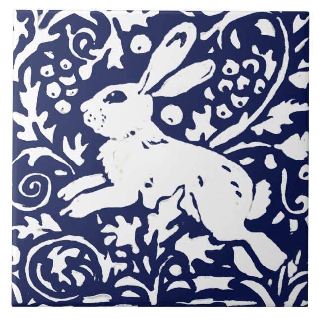 Navy Blue White Rabbit Woodland Animal Foliage Tile (Front)
