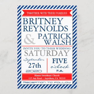 Navy Blue White Red Nautical Wedding Invitations