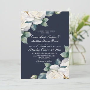 Navy Blue & White Rose Floral Wedding Invitation