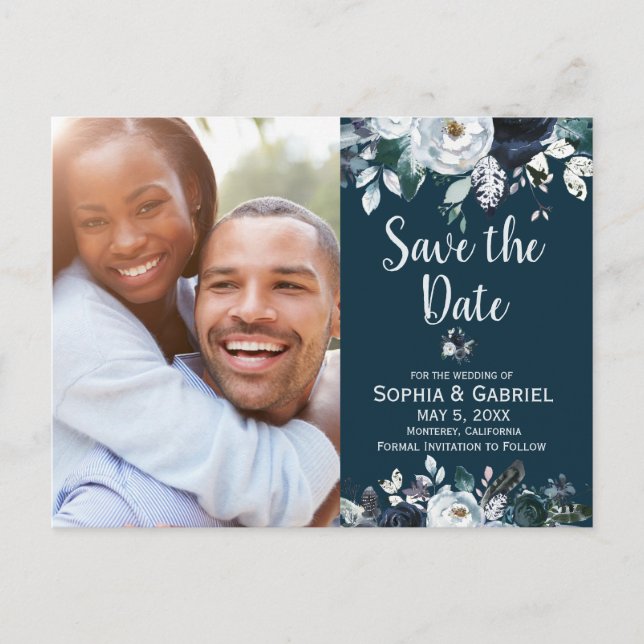 Navy Blue White Rose Floral Wedding Save the Date Announcement Postcard (Front)