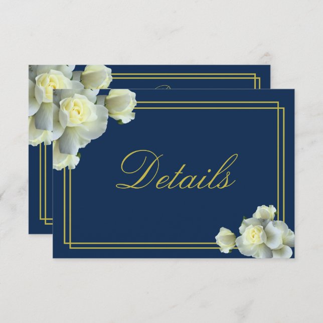 Navy Blue White Rose Reception Accom Details Enclosure Card (Front/Back)
