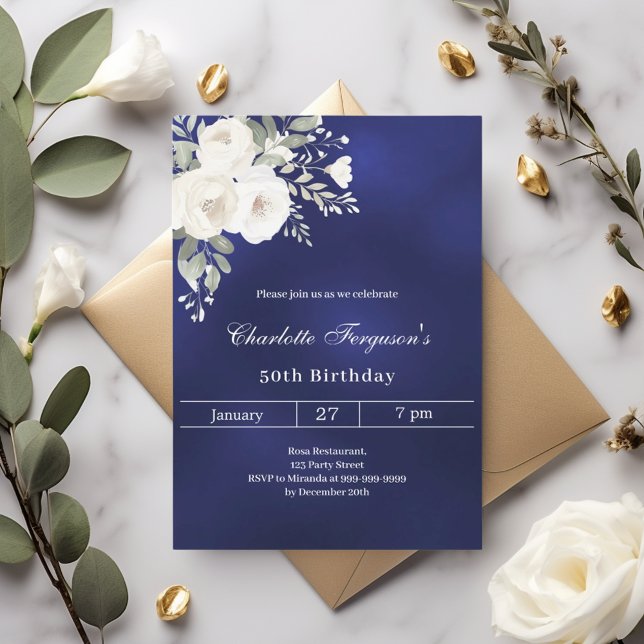 Navy blue white roses birthday invitation (Creator Uploaded)