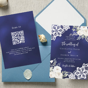 Navy blue white roses lace QR code wedding  Invitation