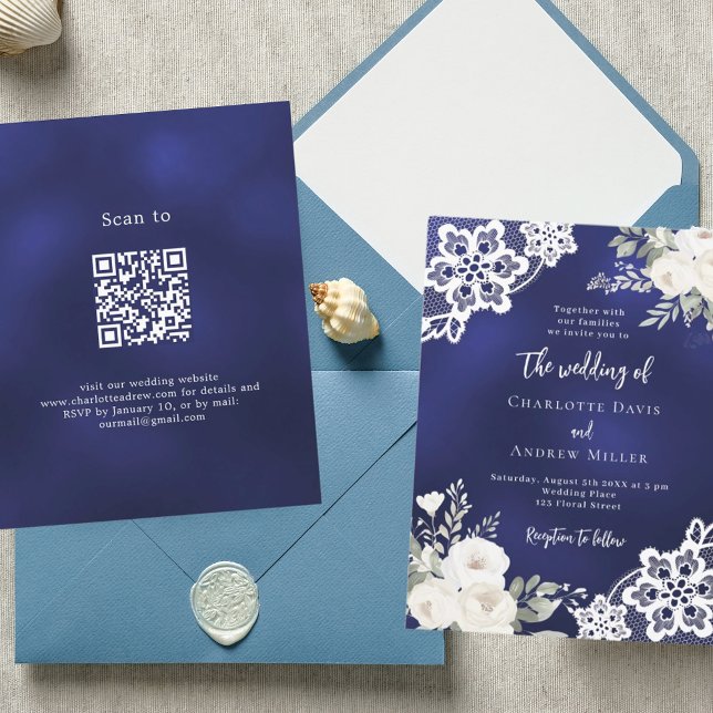 Navy blue white roses lace QR wedding invitation (Creator Uploaded)