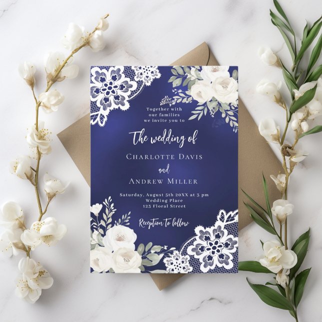 Navy blue white roses lace wedding invitation (Creator Uploaded)