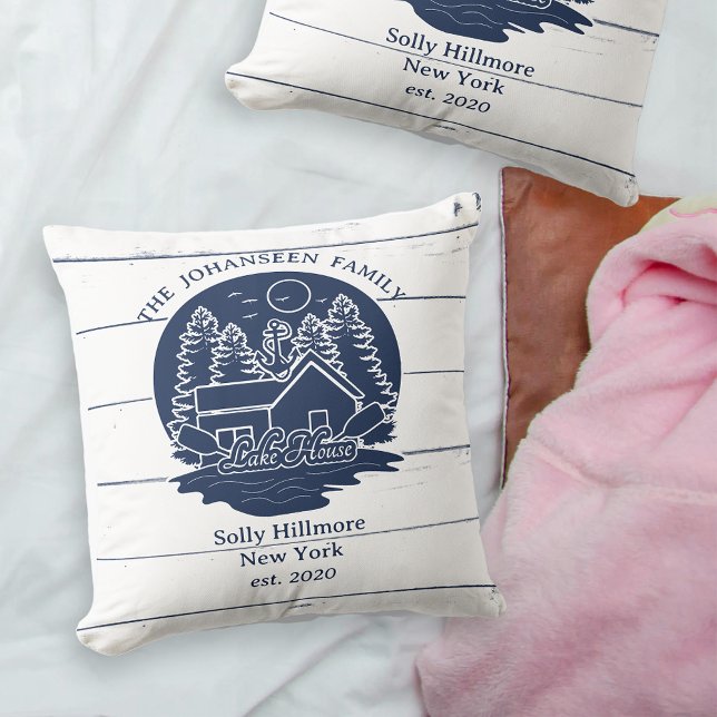Navy Blue White Rustic Wood Lake House Family Name Cushion (Creator Uploaded)