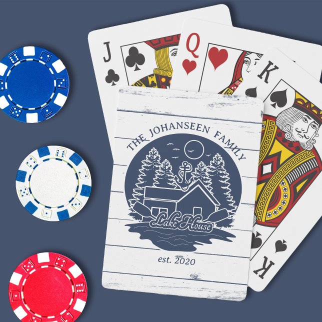 Navy Blue White Rustic Wood Lake House Family Name Playing Cards (Creator Uploaded)