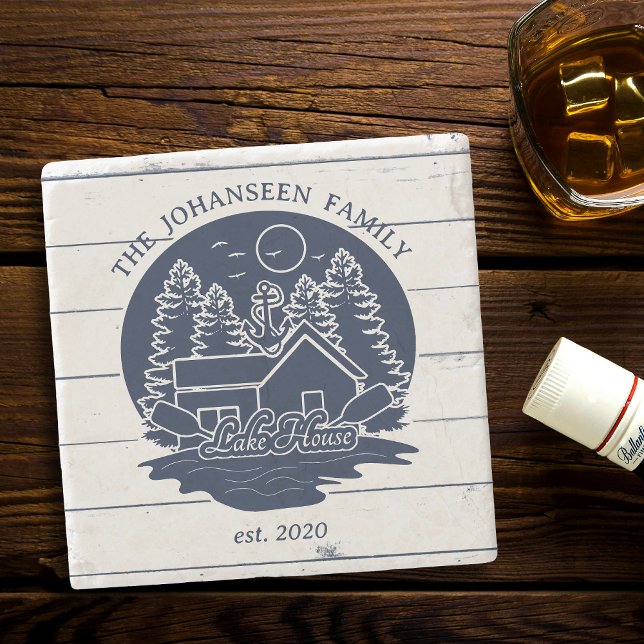 Navy Blue & White Rustic Wood Nautical Lake House  Stone Coaster (Creator Uploaded)
