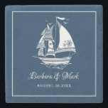 Navy-blue & white sailing boat stone coaster<br><div class="desc">White and navy-blue wind sailing both,  custom wedding gift idea.</div>