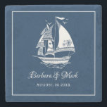 Navy-blue & white sailing boat stone coaster<br><div class="desc">White and navy-blue wind sailing both,  custom wedding gift idea.</div>