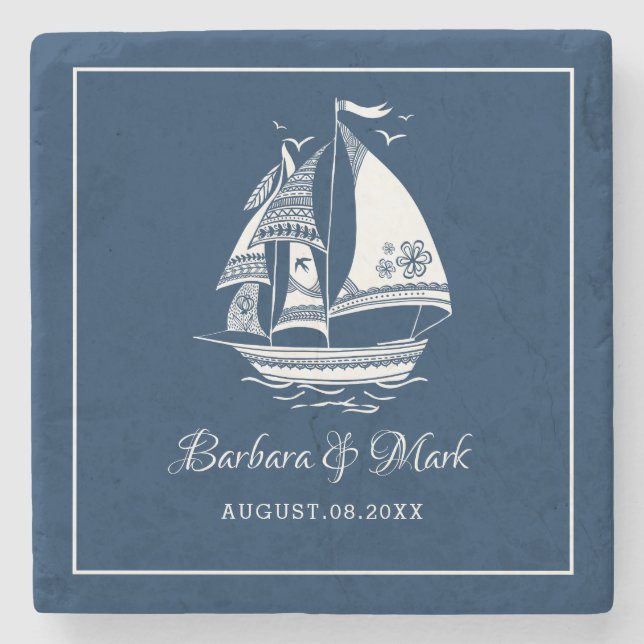 Navy-blue & white sailing boat stone coaster (Front)