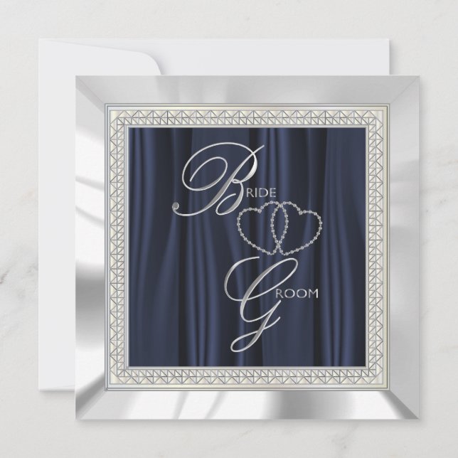 Navy Blue, White Satin and Silver Wedding Invitation (Back)