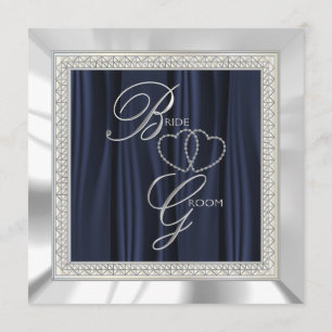 Navy Blue, White Satin and Silver Wedding Invitation