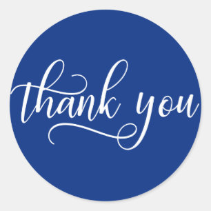 NAVY BLUE White Script Calligraphy Thank You Classic Round Sticker