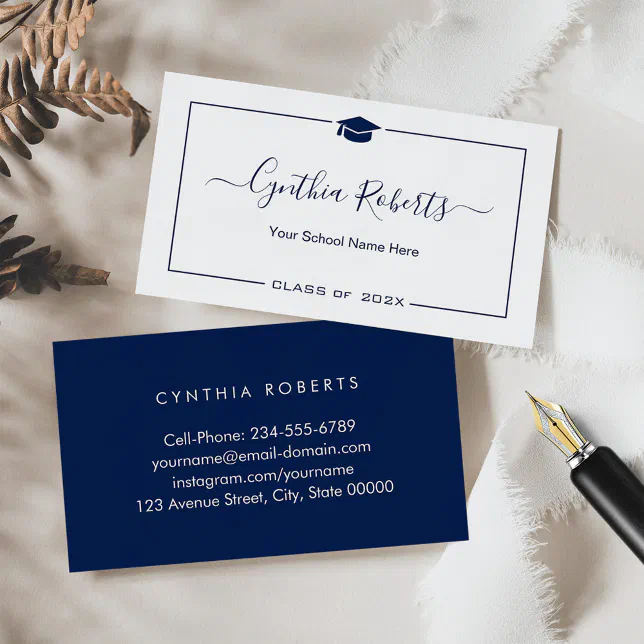 Navy Blue White Script Graduation Business Card Zazzle navy-blue-white-script-graduation-business-card-zazzle