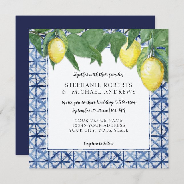 Navy Blue White Shibori X Pattern w Lemon Branch Invitation (Front/Back)