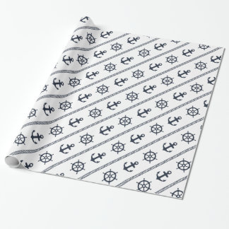 Navy Blue White Ship Wheel Anchor Nautical Wrapping Paper