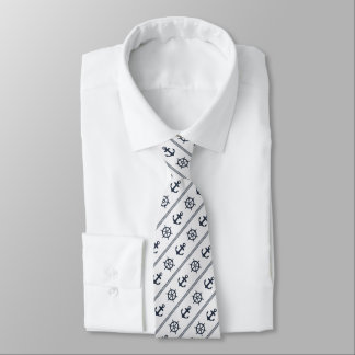 Navy Blue White Ship Wheel Nautical Anchor Sailor Tie