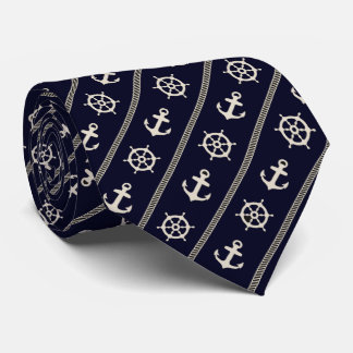 Navy Blue White Ship Wheel Nautical Anchor Sailor Tie