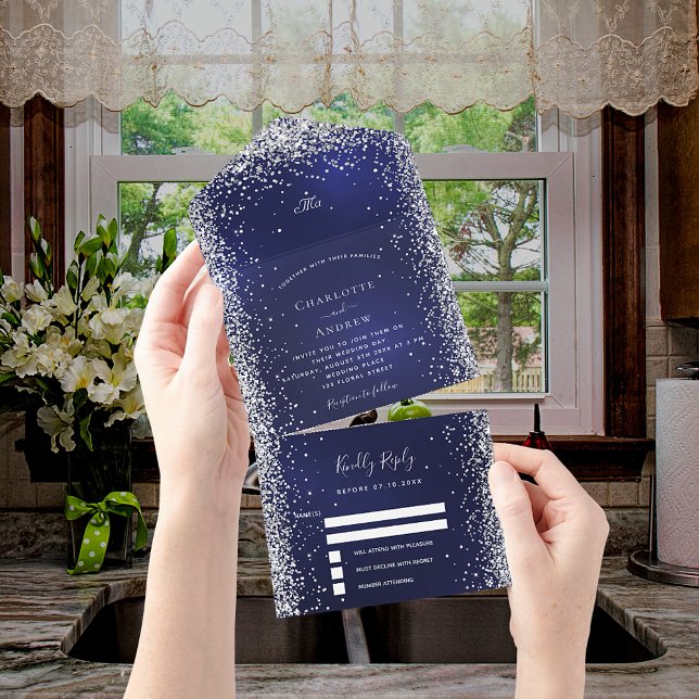 Navy blue white silver rsvp wedding all in one invitation (Creator Uploaded)