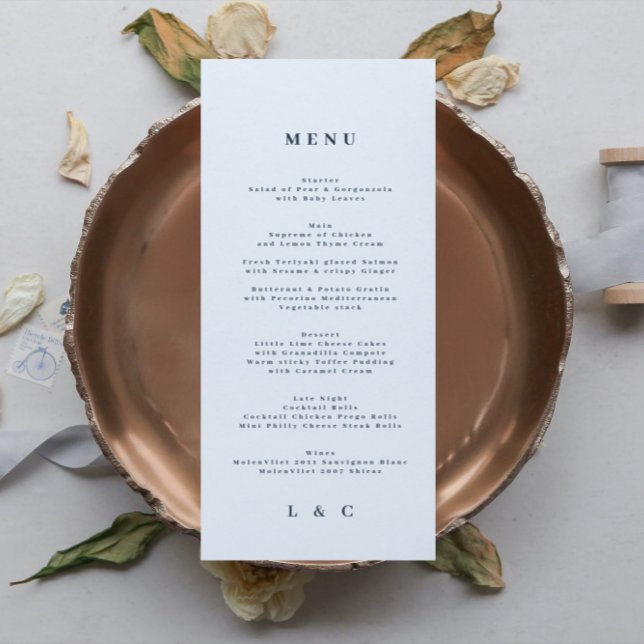 Navy Blue White Simple Classic Wedding Menu (Creator Uploaded)