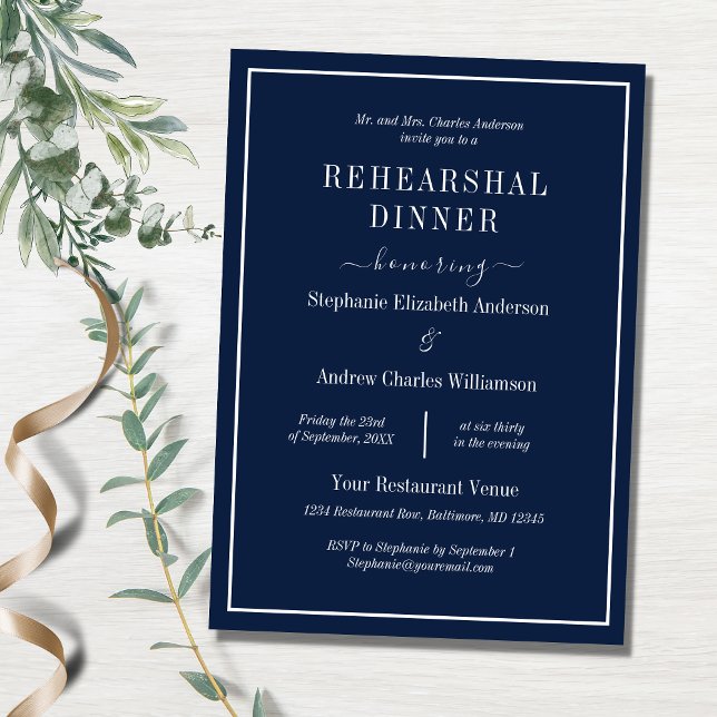 Navy Blue White Simple Elegant Rehearsal Dinner Invitation (Creator Uploaded)