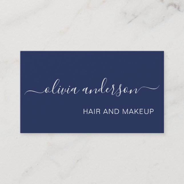 Navy Blue White Simple Hair Makeup Salon Business Card (Front)