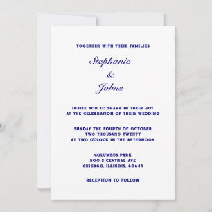 Navy Blue White Simple Minimal Elegant Wedding Invitation