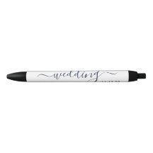 Navy Blue &amp; White Simple Script Wedding Favour Black Ink Pen