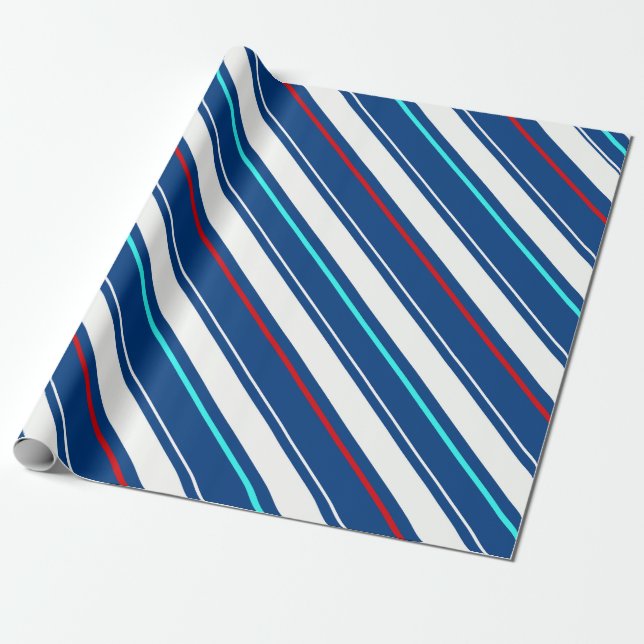 Navy Blue White Slanted Regimental Stripe Lines Wrapping Paper (Unrolled)