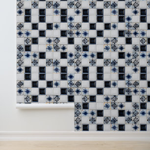 Navy Blue White Small Tile Pattern Wallpaper