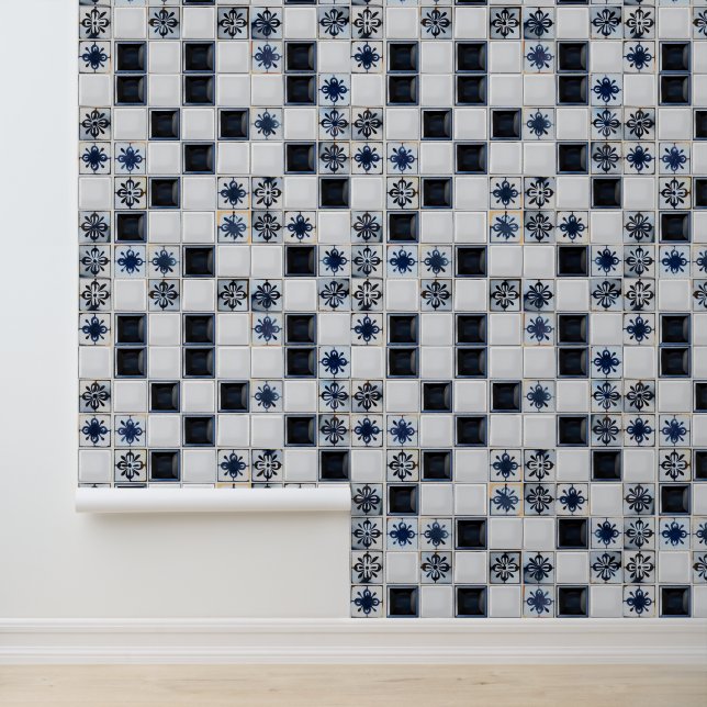 Navy Blue White Small Tile Pattern Wallpaper (Application)