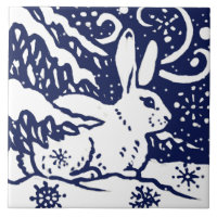 Navy Blue White Snow Rabbit Woodland Animal Trivet