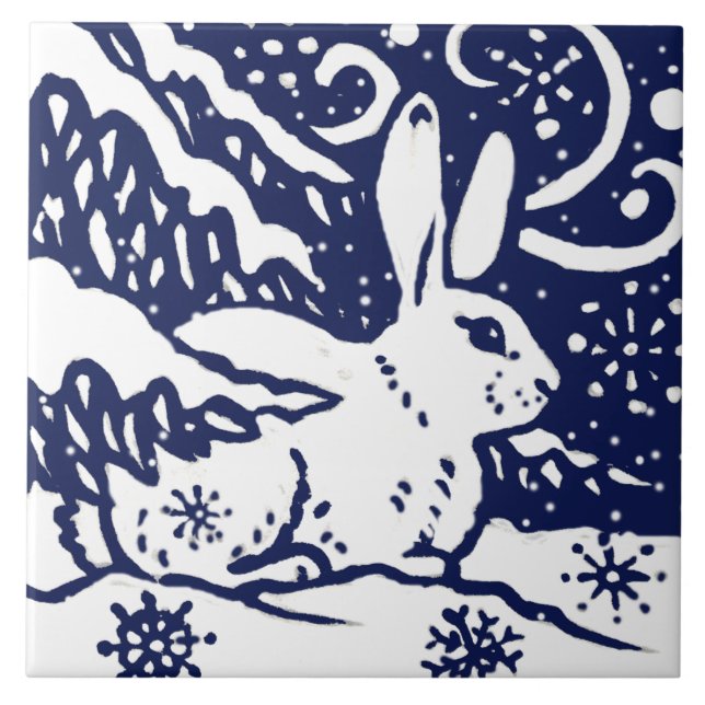 Navy Blue White Snow Rabbit Woodland Animal Trivet (Front)