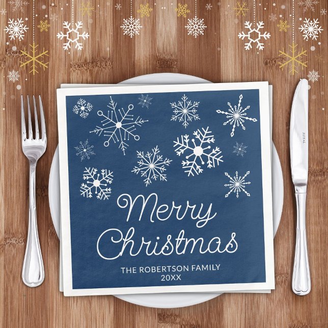 Navy Blue White Snowflakes Christmas Party Napkin (Creator Uploaded)
