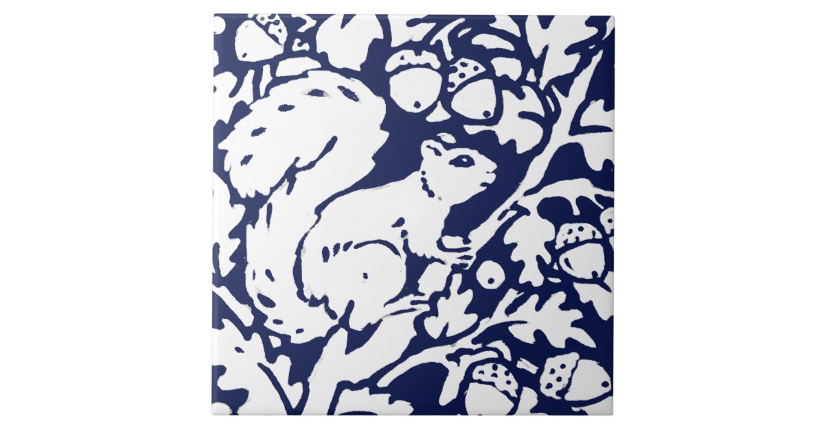 Navy Blue White Squirrel Woodland Animal Foliage Tile ...