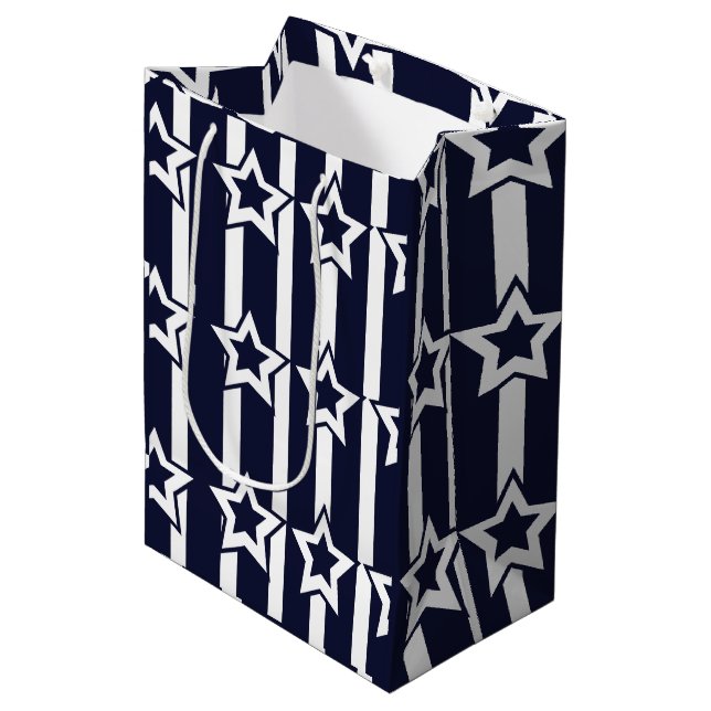 Navy Blue White Star Stripes  Medium Gift Bag (Front Angled)