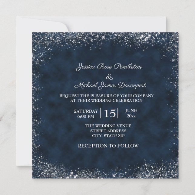 Navy Blue White Stardust Wedding Invitation Square (Front)