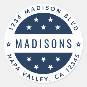 Navy Blue & White Stars Custom Return Address Classic Round Sticker