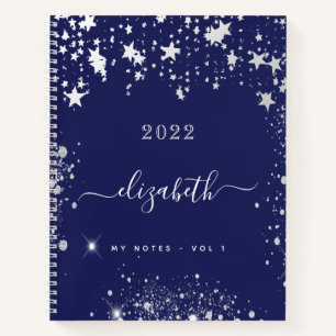 Navy blue white stars monogram script notebook