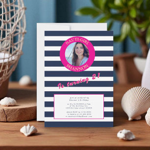 Navy Blue White Stripe 21st Birthday photo Invitation