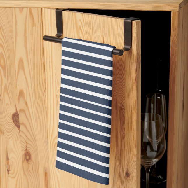 Navy Blue White Stripe Beach House Tea Towel (Thirds Fold)