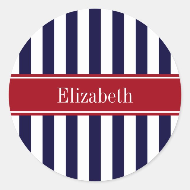 Navy Blue White Stripe Cranberry Name Monogram Classic Round Sticker (Front)