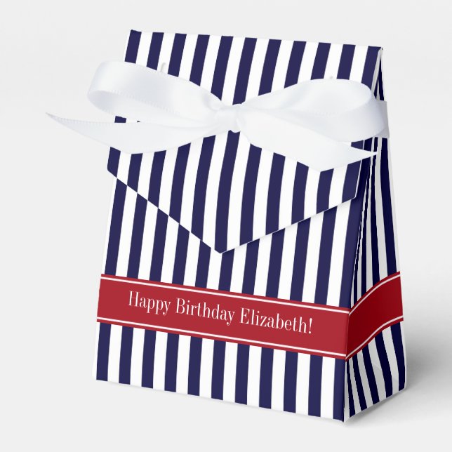 Navy Blue White Stripe Cranberry Name Monogram Favour Box (Front Side)
