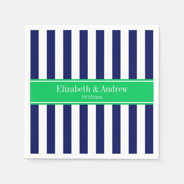 Navy Blue White Stripe Emerald Green Name Monogram Napkin (Front)