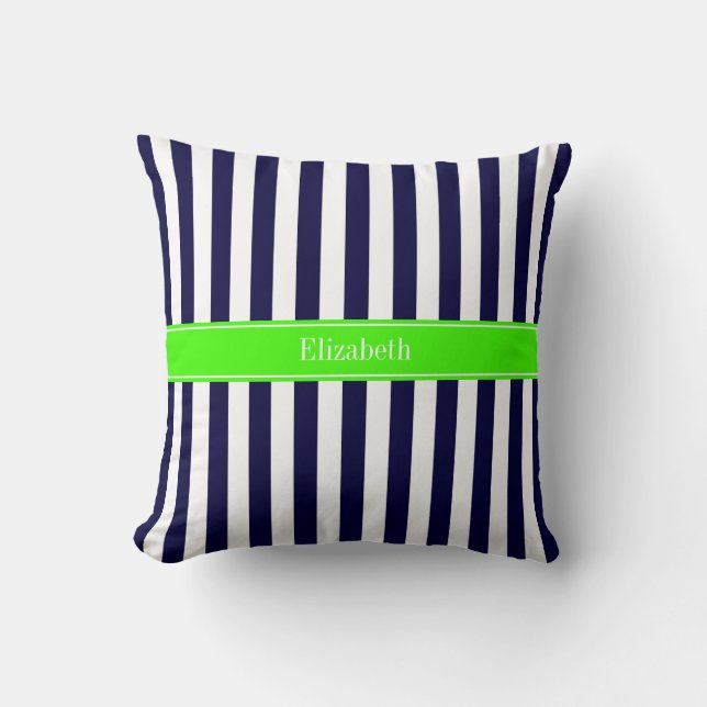 Navy Blue White Stripe Lime Name Monogram Cushion (Front)